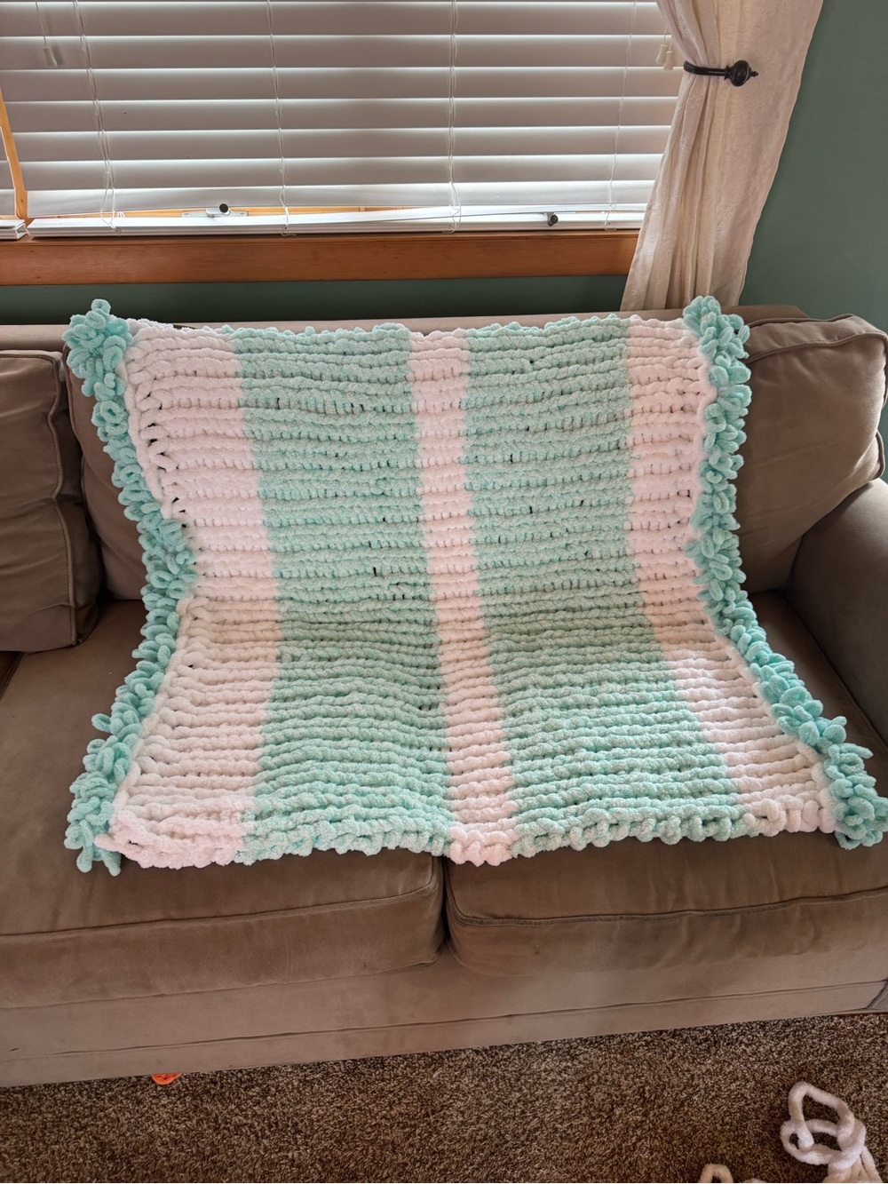 Plush Chenille Stripe Throw Blanket in Mint and White. Baby blanket